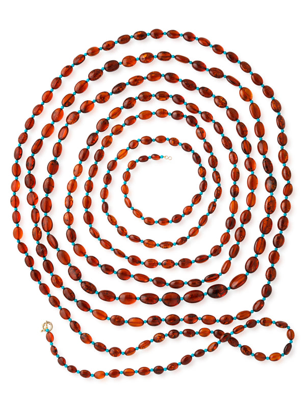 Extra Long Baltic Amber and Turquoise Necklace