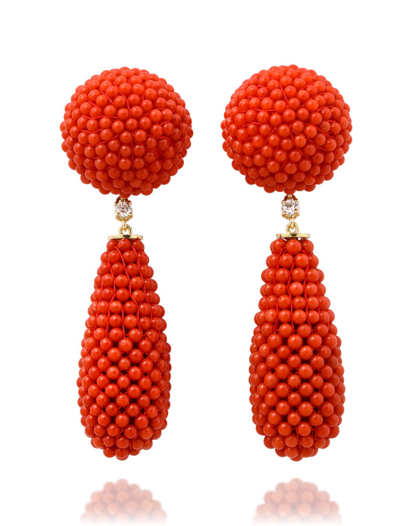 Beaded Coral and Diamond Drop Earrings