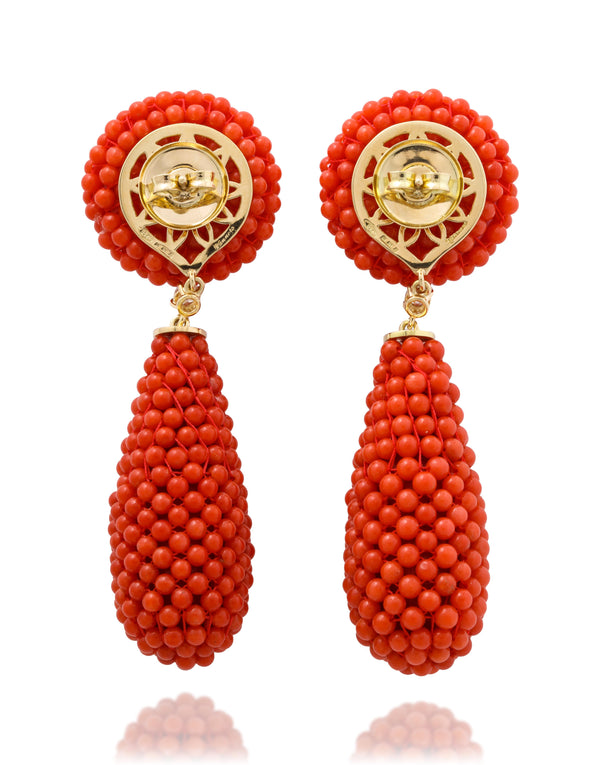 Beaded Coral and Diamond Drop Earrings