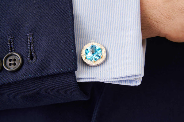 Blue Topaz and Damascus Steel Cufflinks