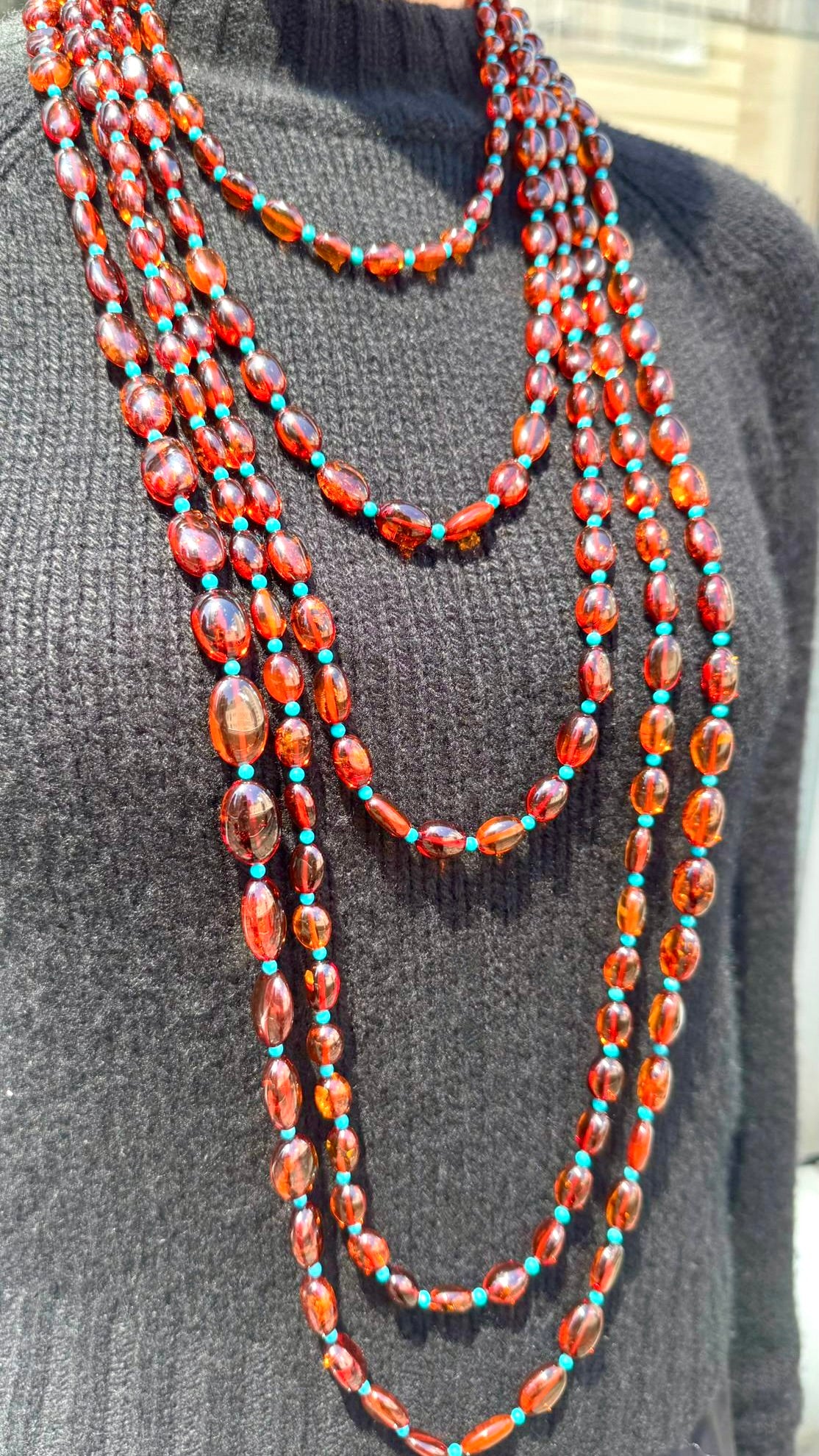 Extra Long Baltic Amber and Turquoise Necklace