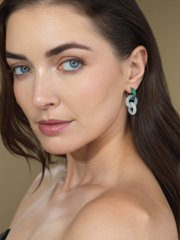 Titanium, Emerald and Interlocked Jade Drop Earrings