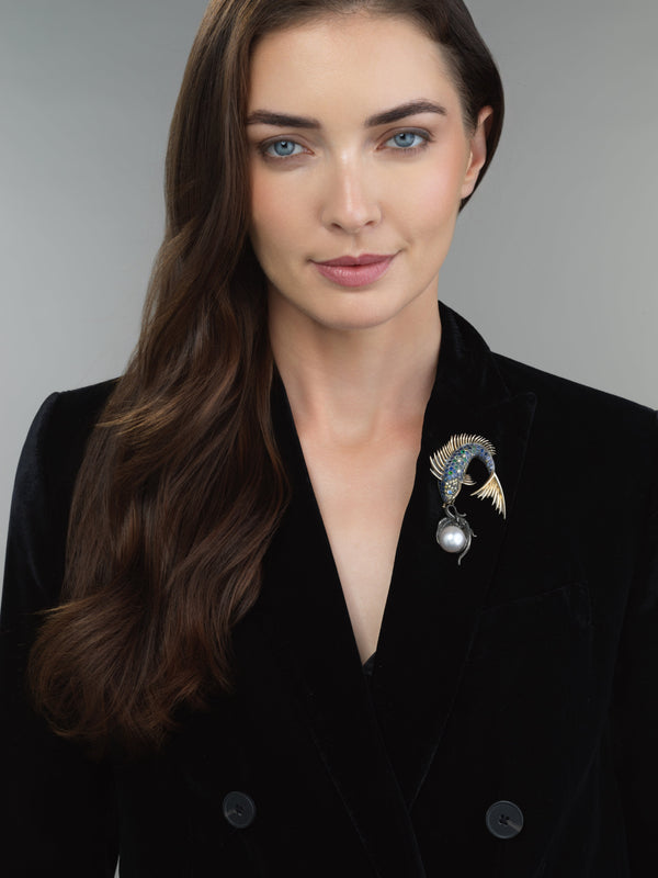 Marilyn Cooperman "Fish Lunching On A Pearl" Brooch