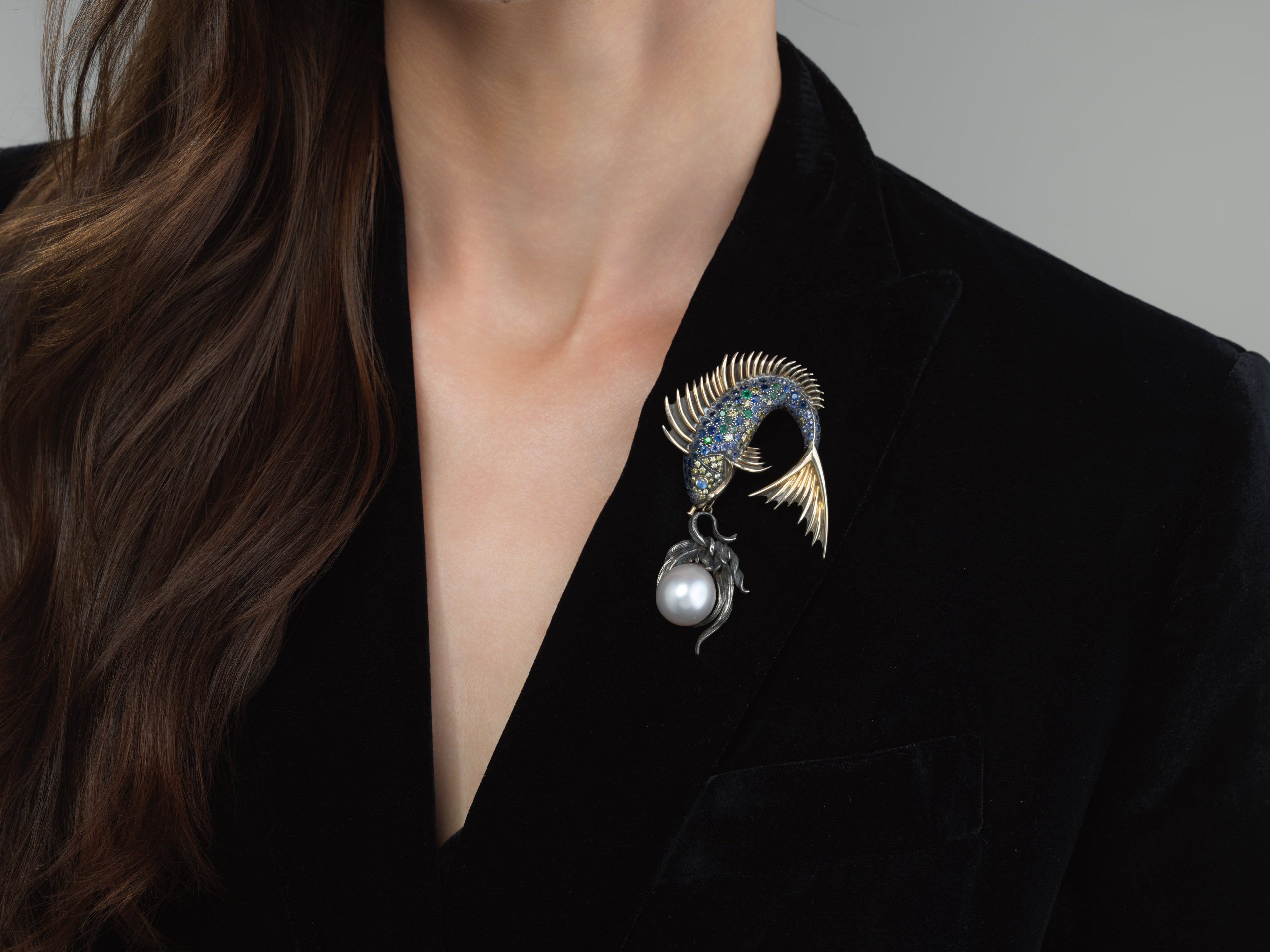 Marilyn Cooperman "Fish Lunching On A Pearl" Brooch
