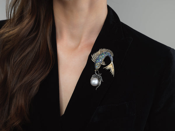 Marilyn Cooperman "Fish Lunching On A Pearl" Brooch