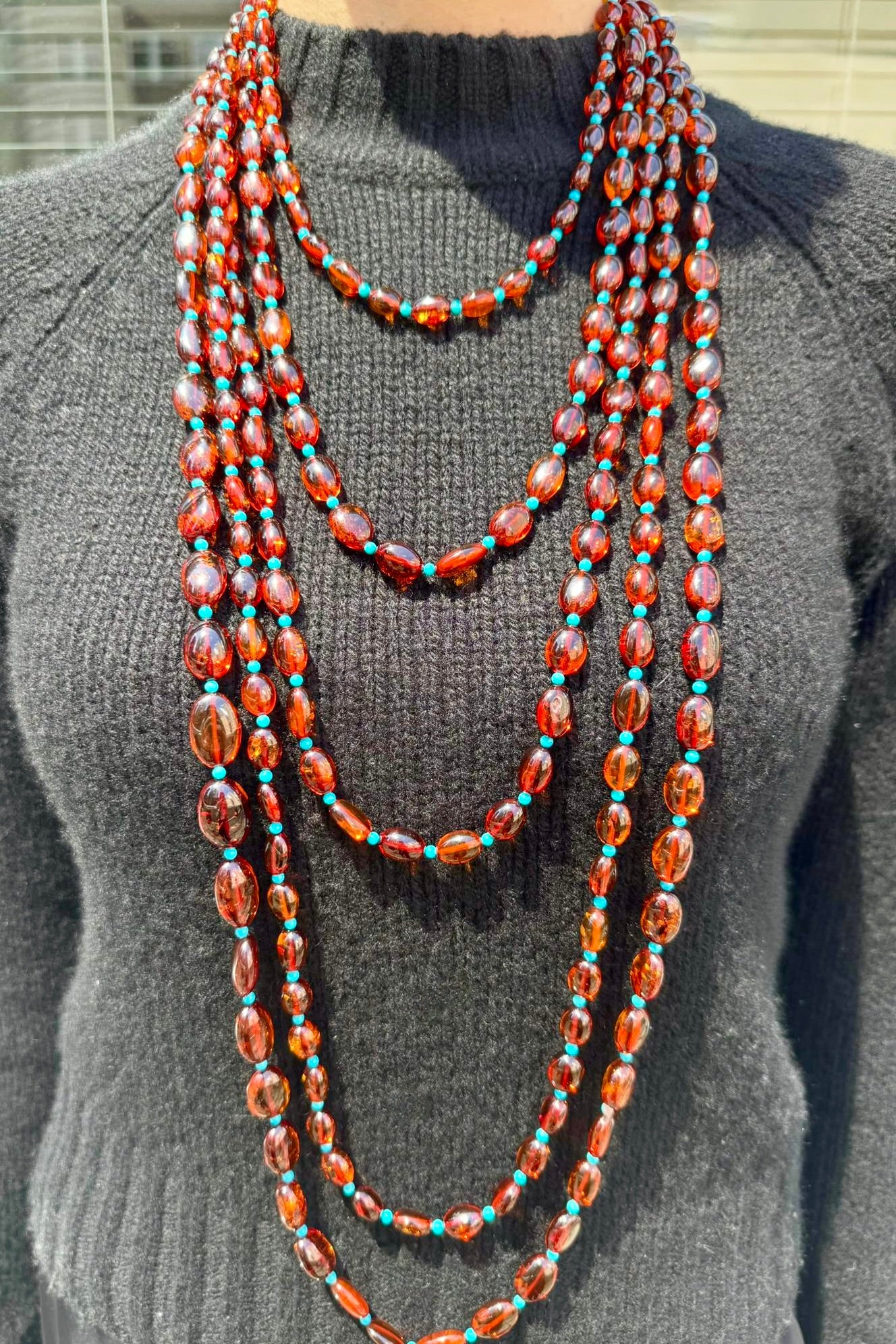 Extra Long Baltic Amber and Turquoise Necklace