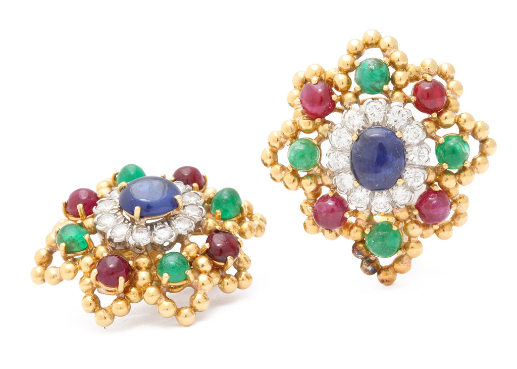 David Webb 18k Gold Ruby Emerald Sapphire Diamond Earclips, 1970s