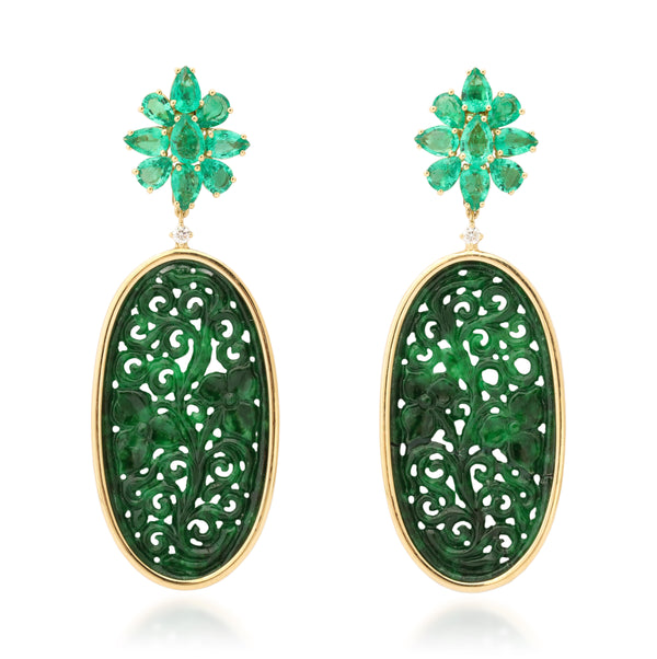 Muzo Emerald and Diamond Cluster Earrings with Carved Jade Drops