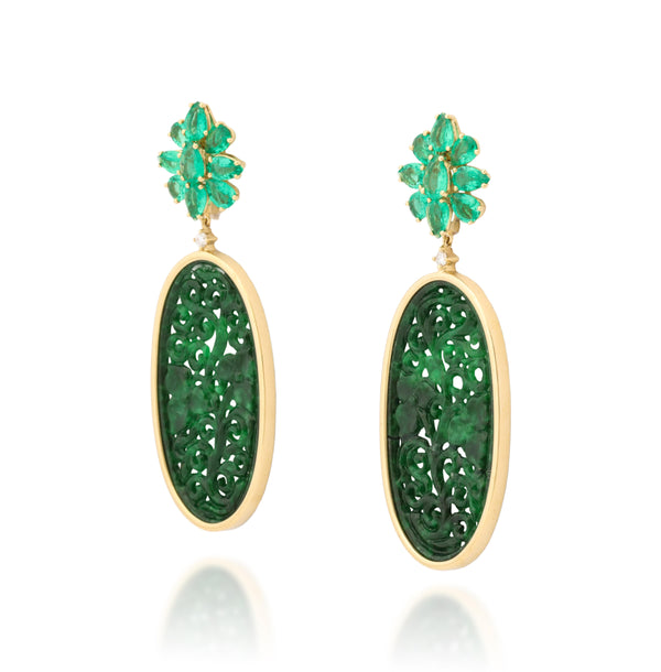 Muzo Emerald and Diamond Cluster Earrings with Carved Jade Drops