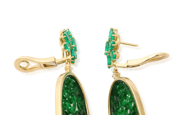 Muzo Emerald and Diamond Cluster Earrings with Carved Jade Drops