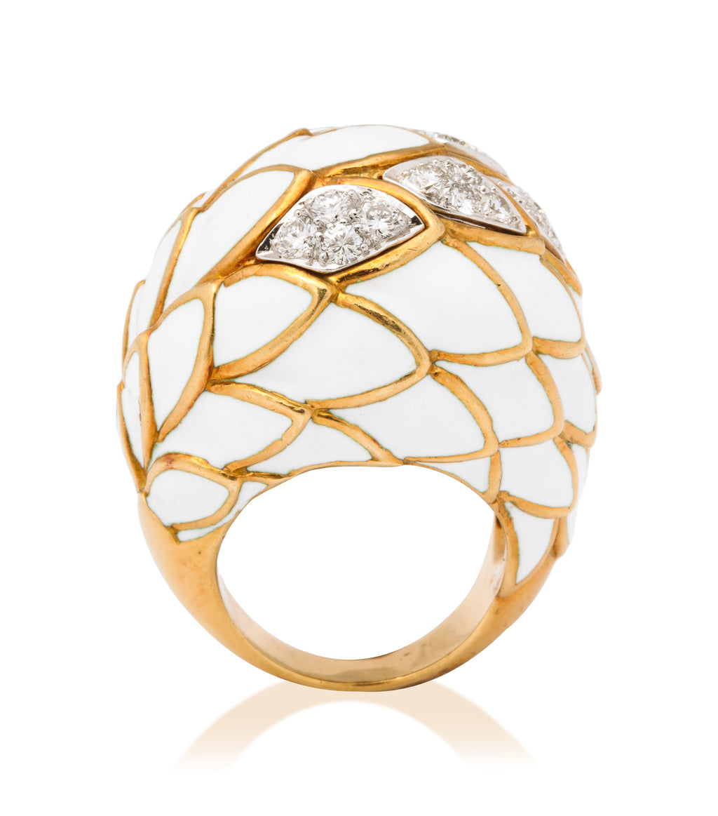 David Webb White Enamel Bombé Ring
