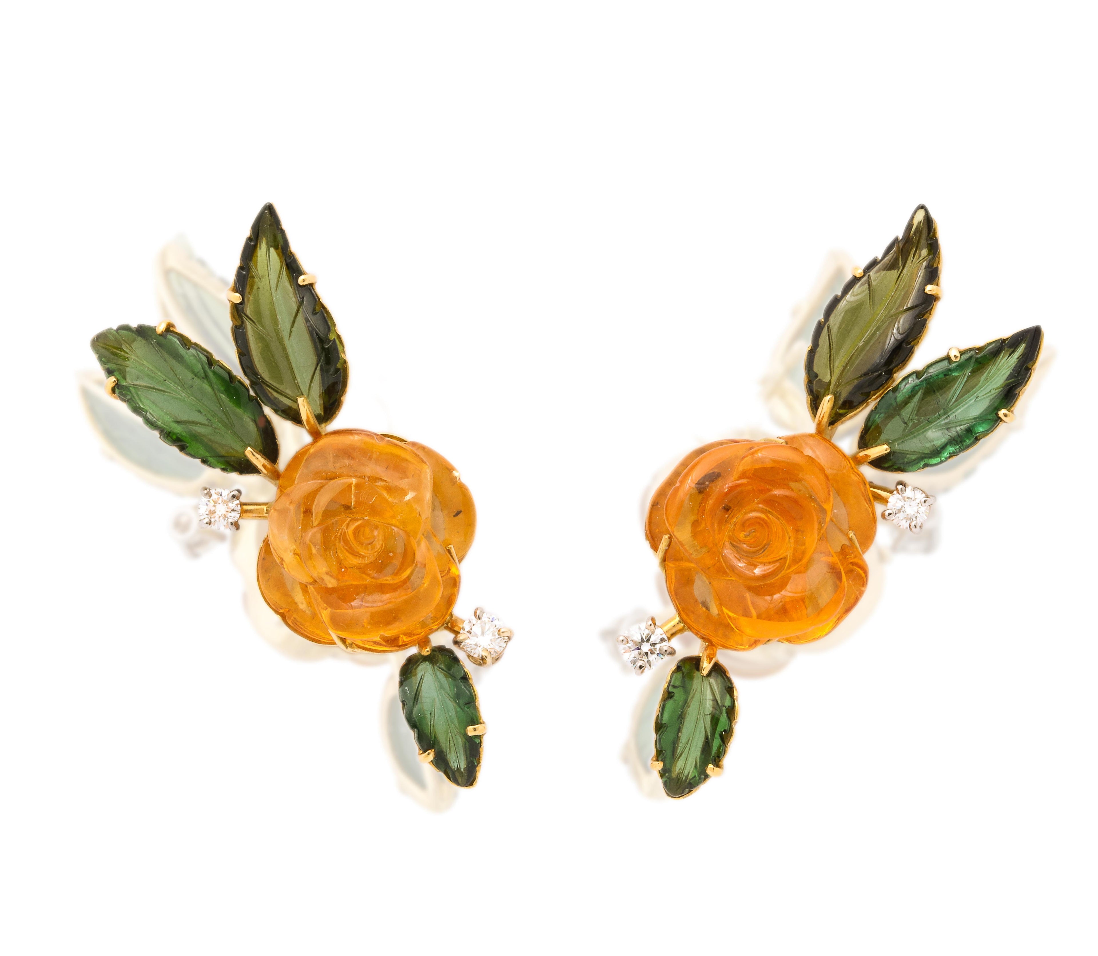 Citrine, Green Tourmaline and Diamond Flower Earrings