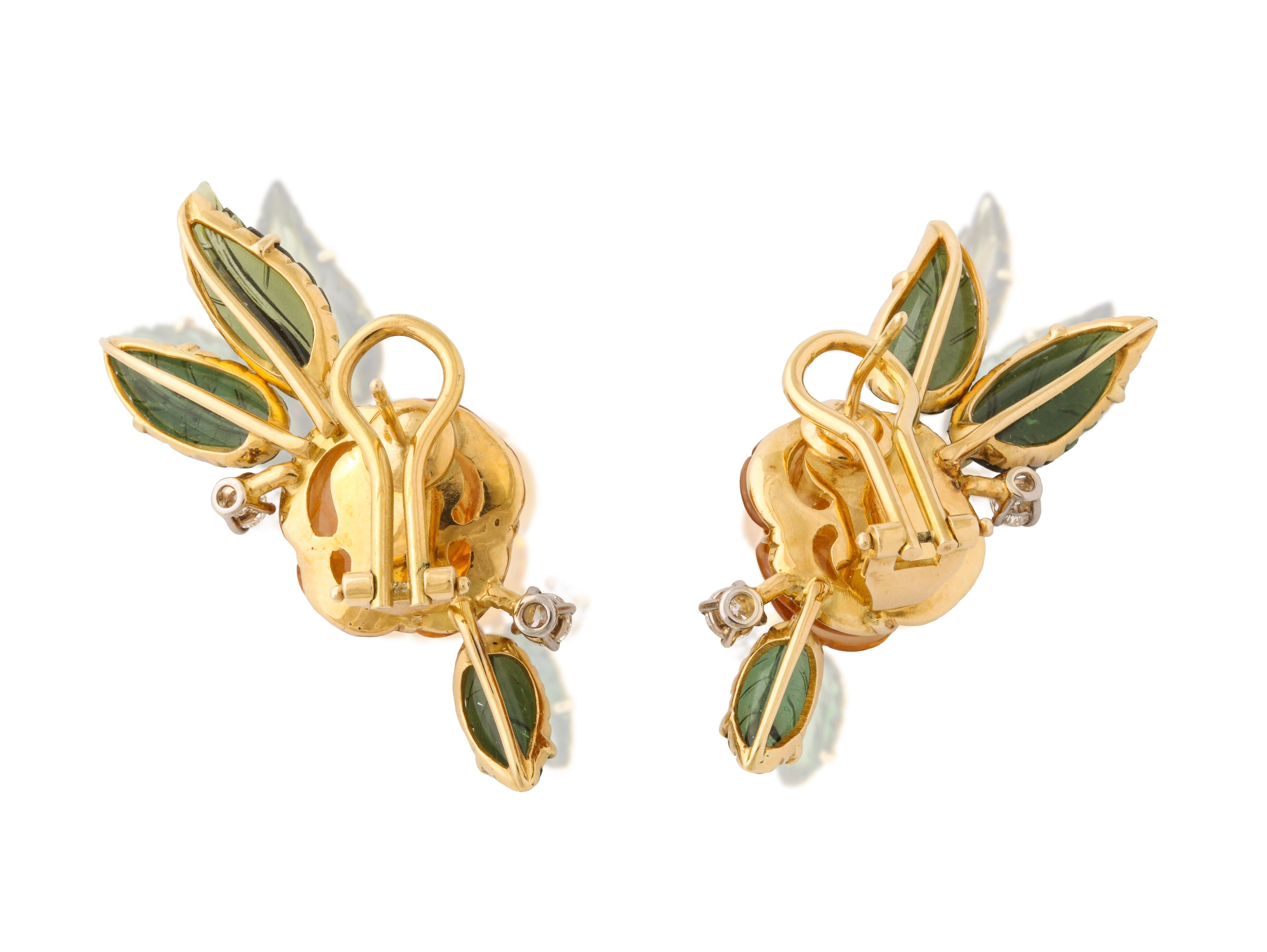 Citrine, Green Tourmaline and Diamond Flower Earrings