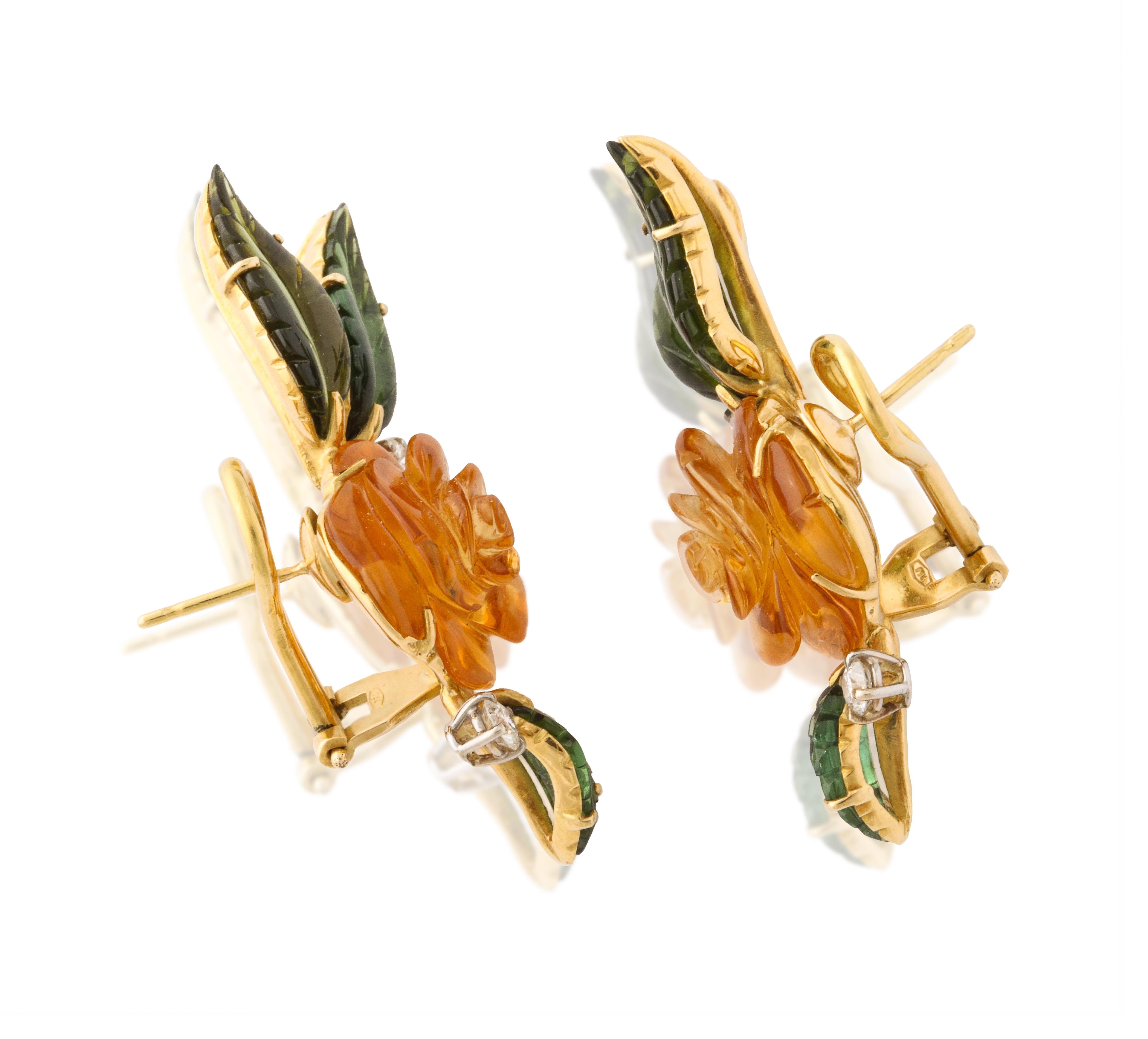 Citrine, Green Tourmaline and Diamond Flower Earrings