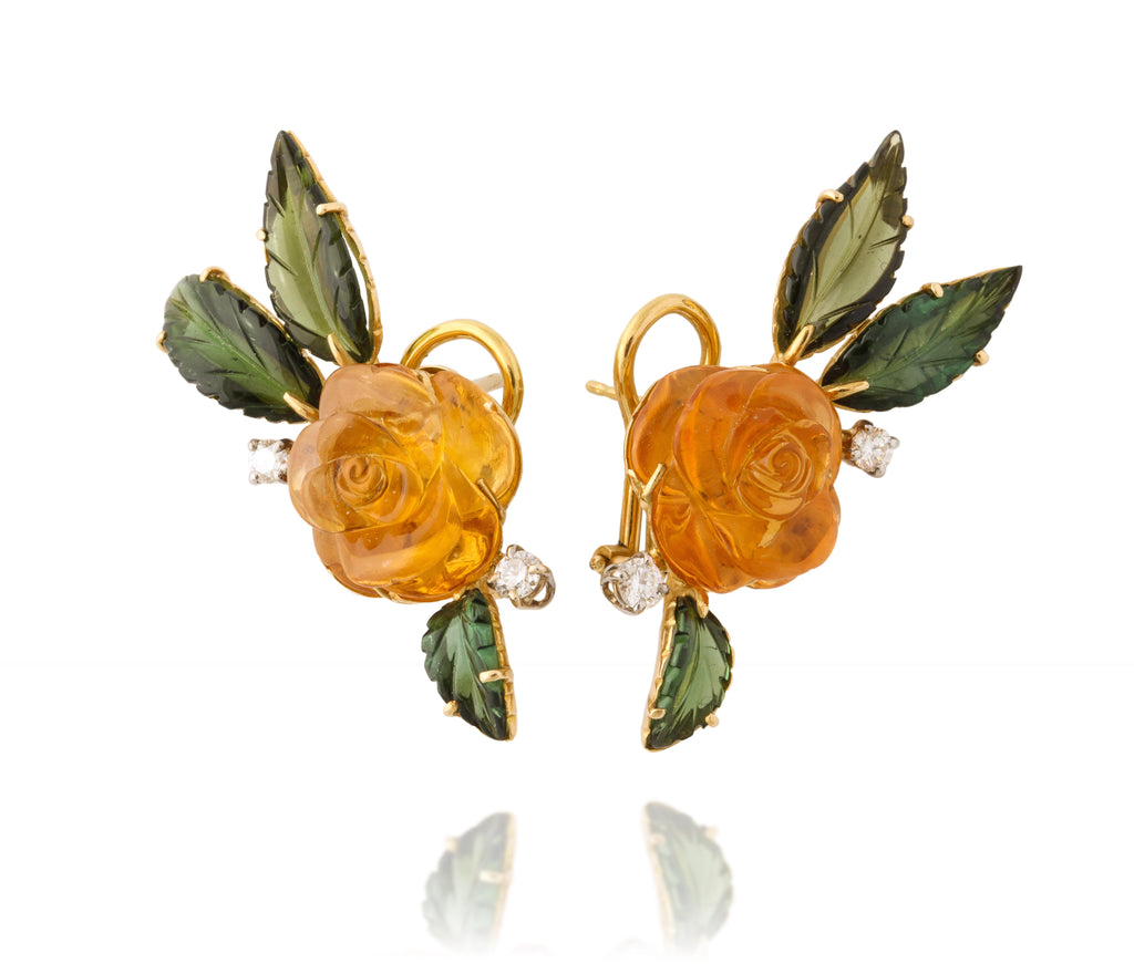 Citrine, Green Tourmaline and Diamond Flower Earrings
