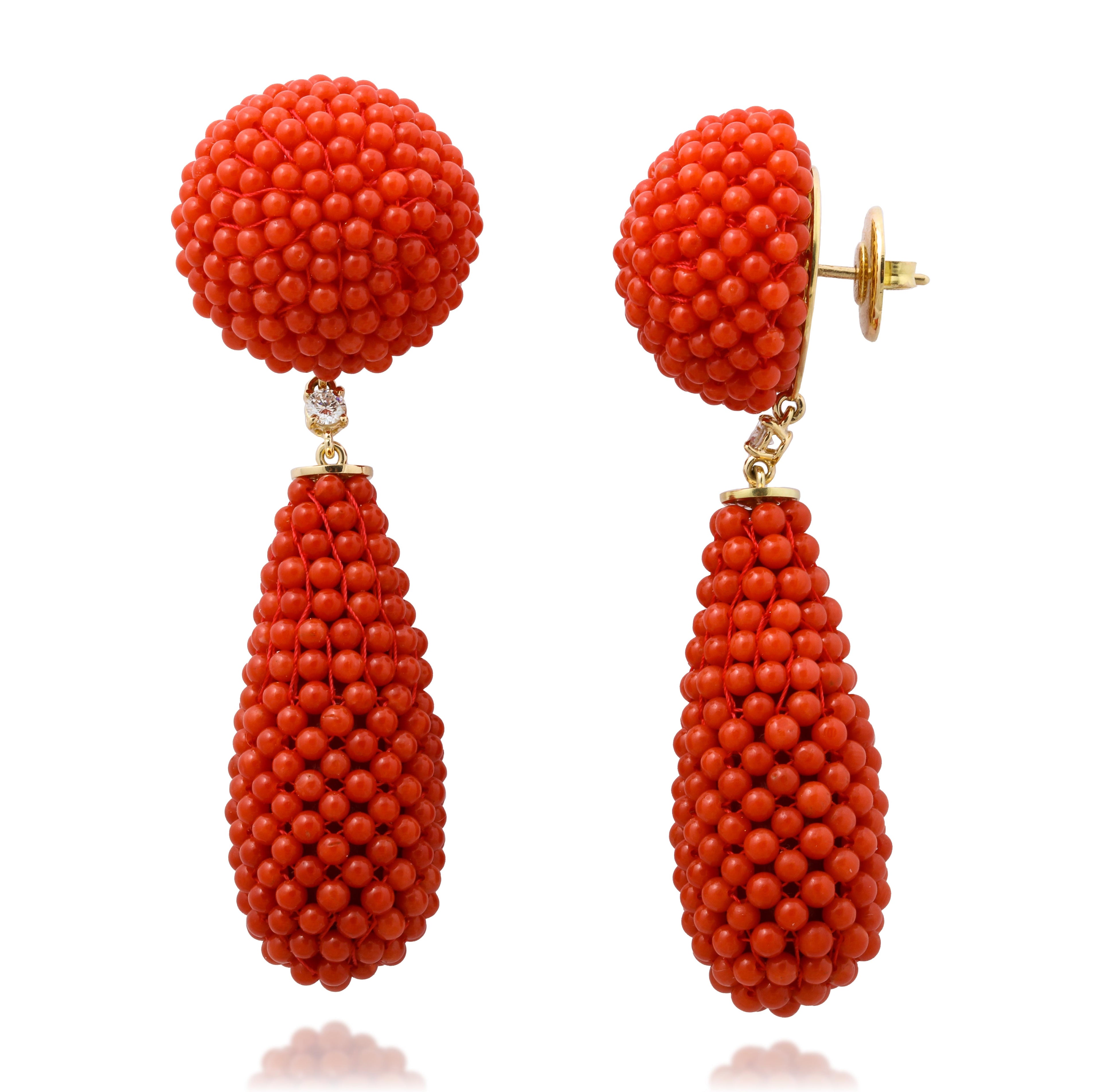 Beaded Coral and Diamond Drop Earrings