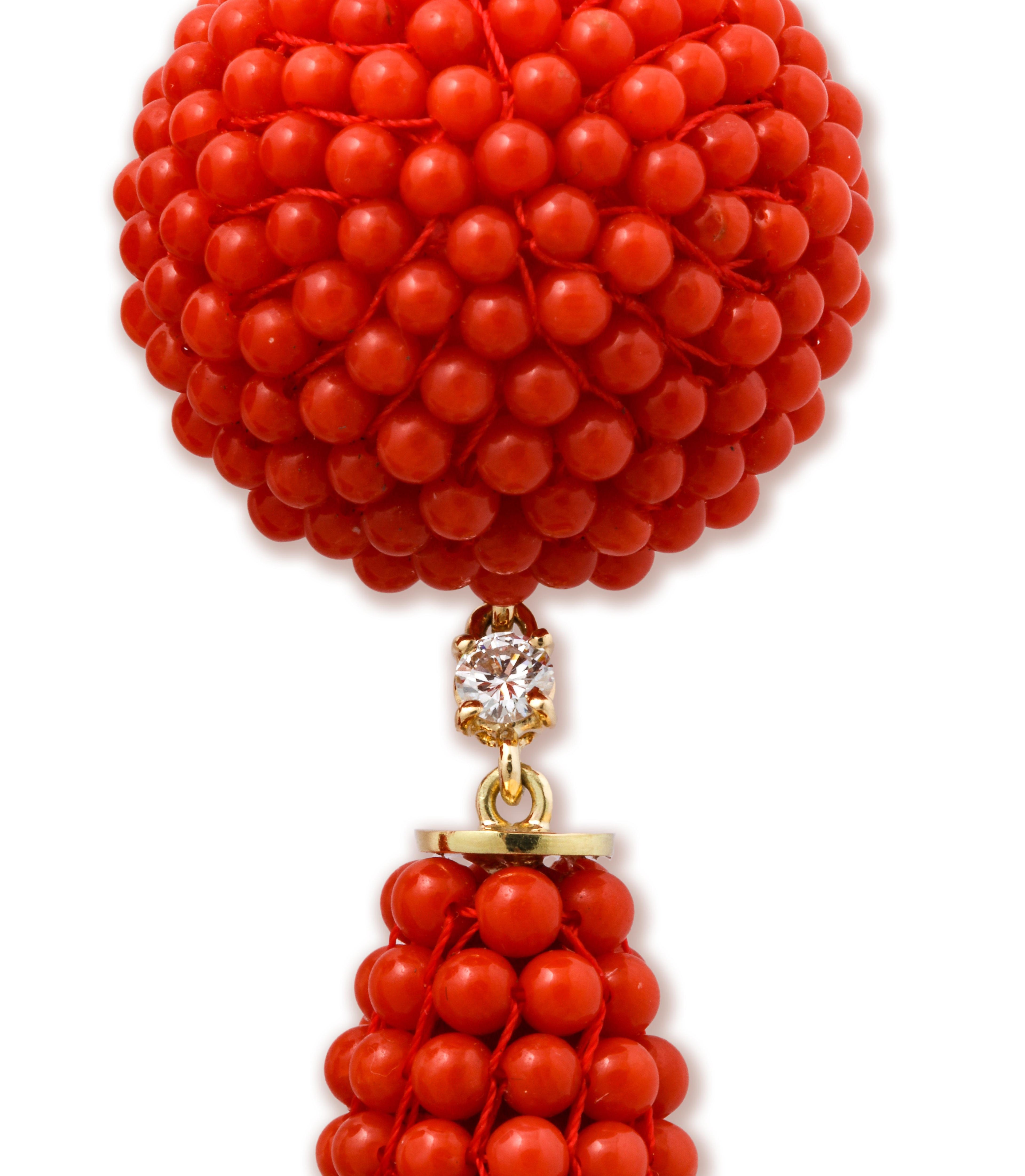 Beaded Coral and Diamond Drop Earrings