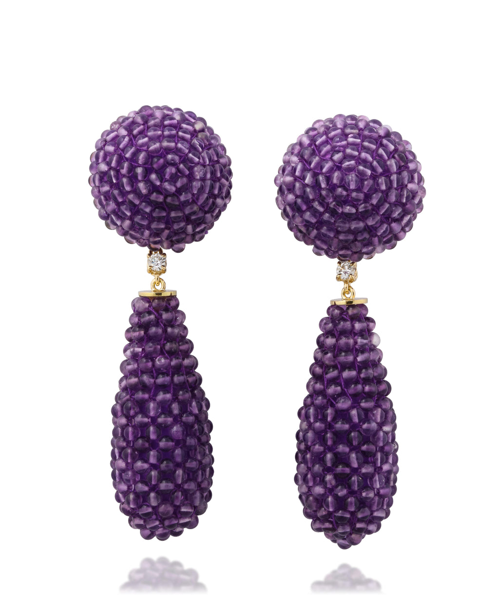 Beaded Amethyst and Diamond Drop Earrings