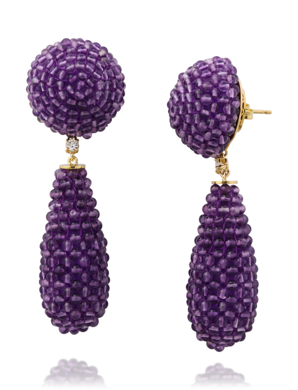 Beaded Amethyst and Diamond Drop Earrings