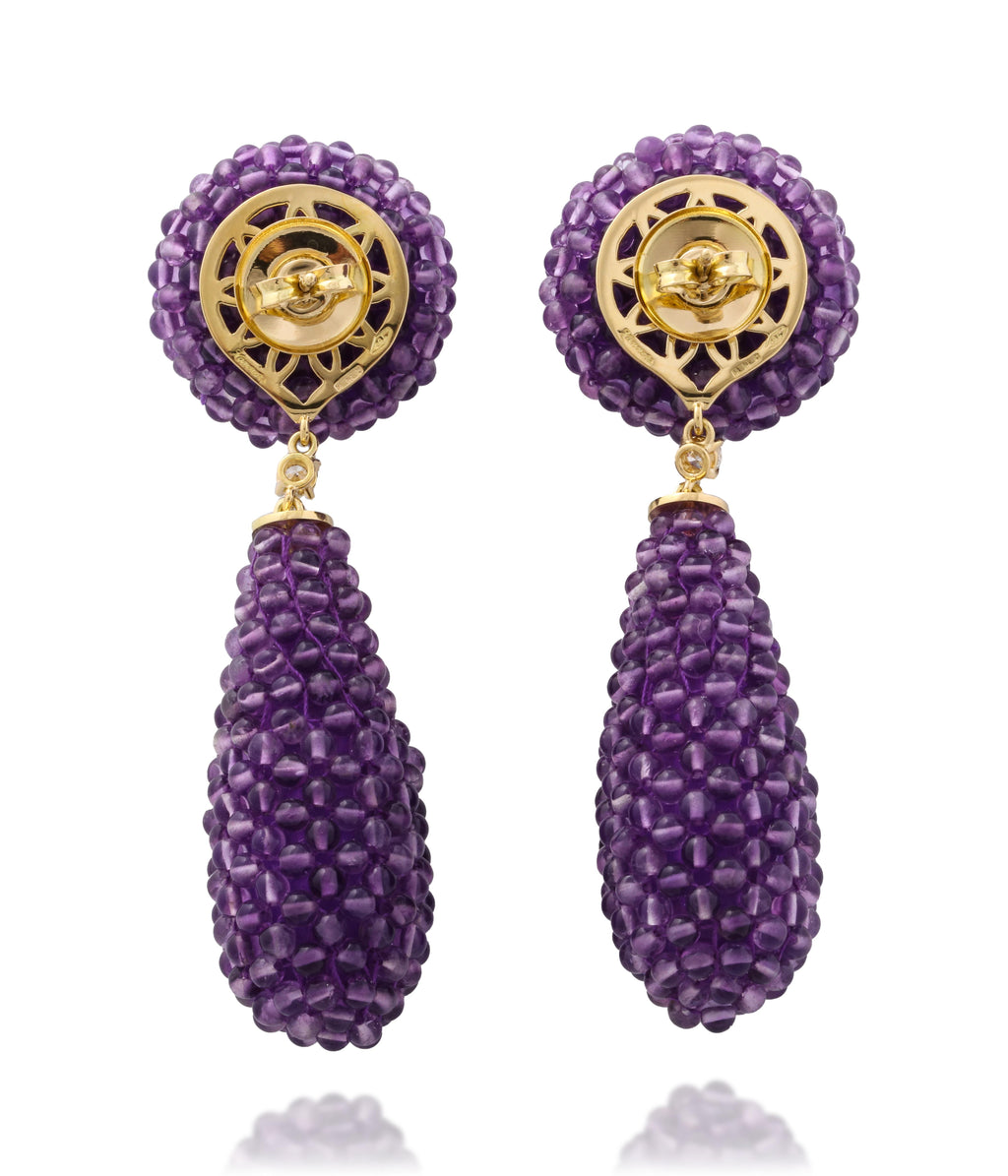 Beaded Amethyst and Diamond Drop Earrings