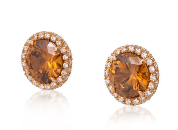 Brown Zircon and Diamond Halo Earrings