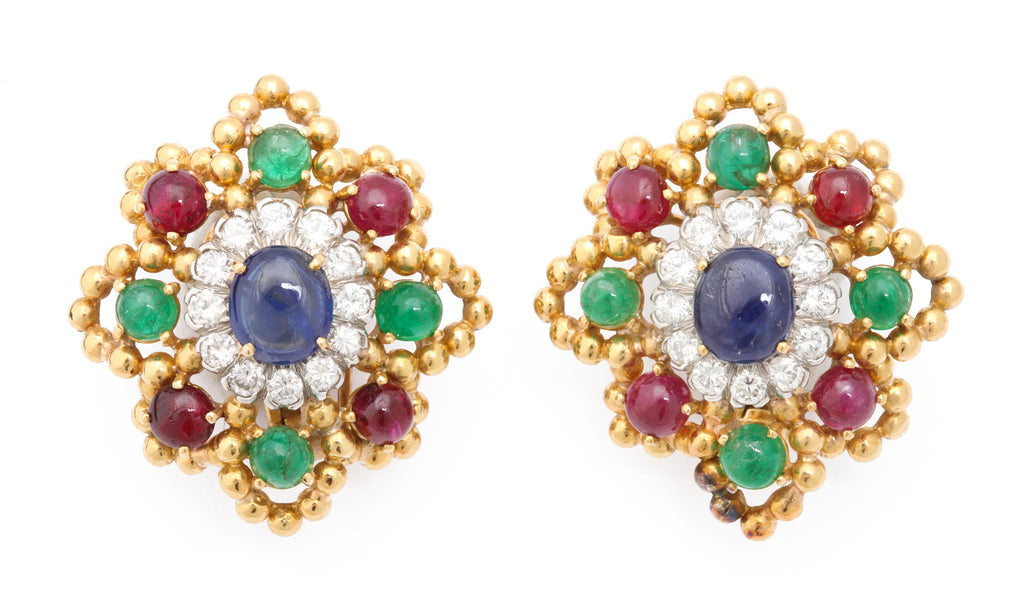 David Webb 18k Gold Ruby Emerald Sapphire Diamond Earclips, 1970s