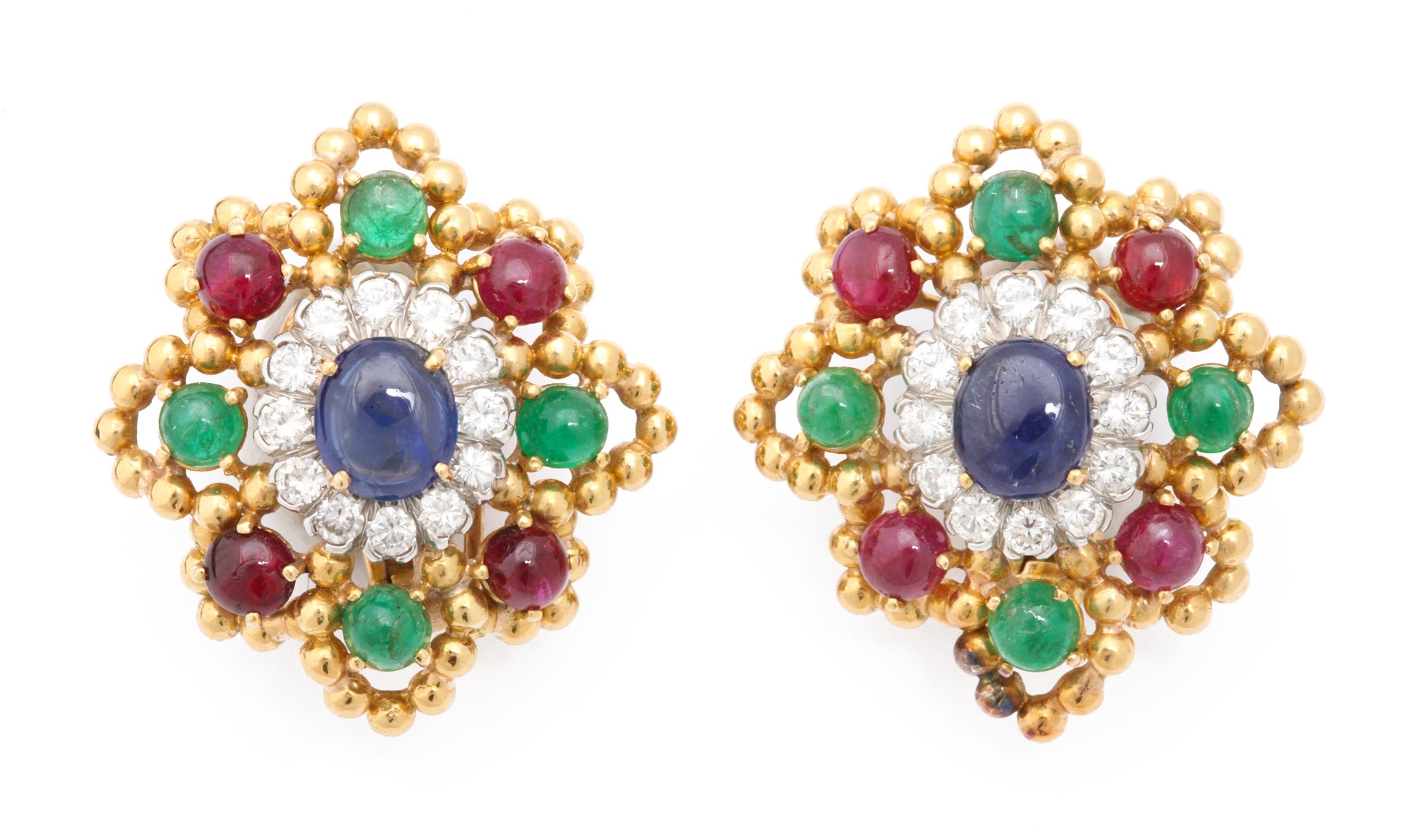 David Webb 18k Gold Ruby Emerald Sapphire Diamond Earclips, 1970s