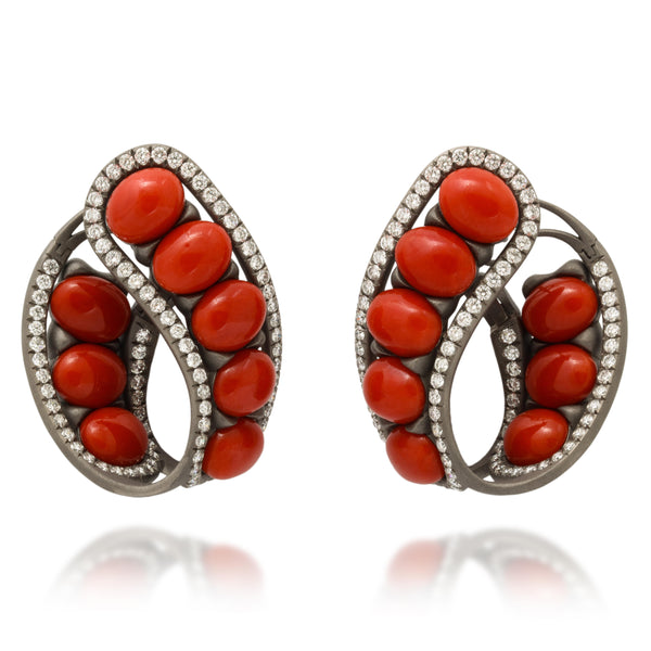 Titanium, Coral and Diamond Large Creole Earrings