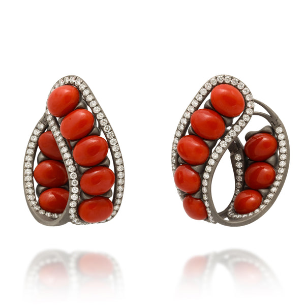 Titanium, Coral and Diamond Large Creole Earrings