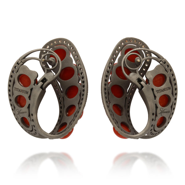 Titanium, Coral and Diamond Large Creole Earrings