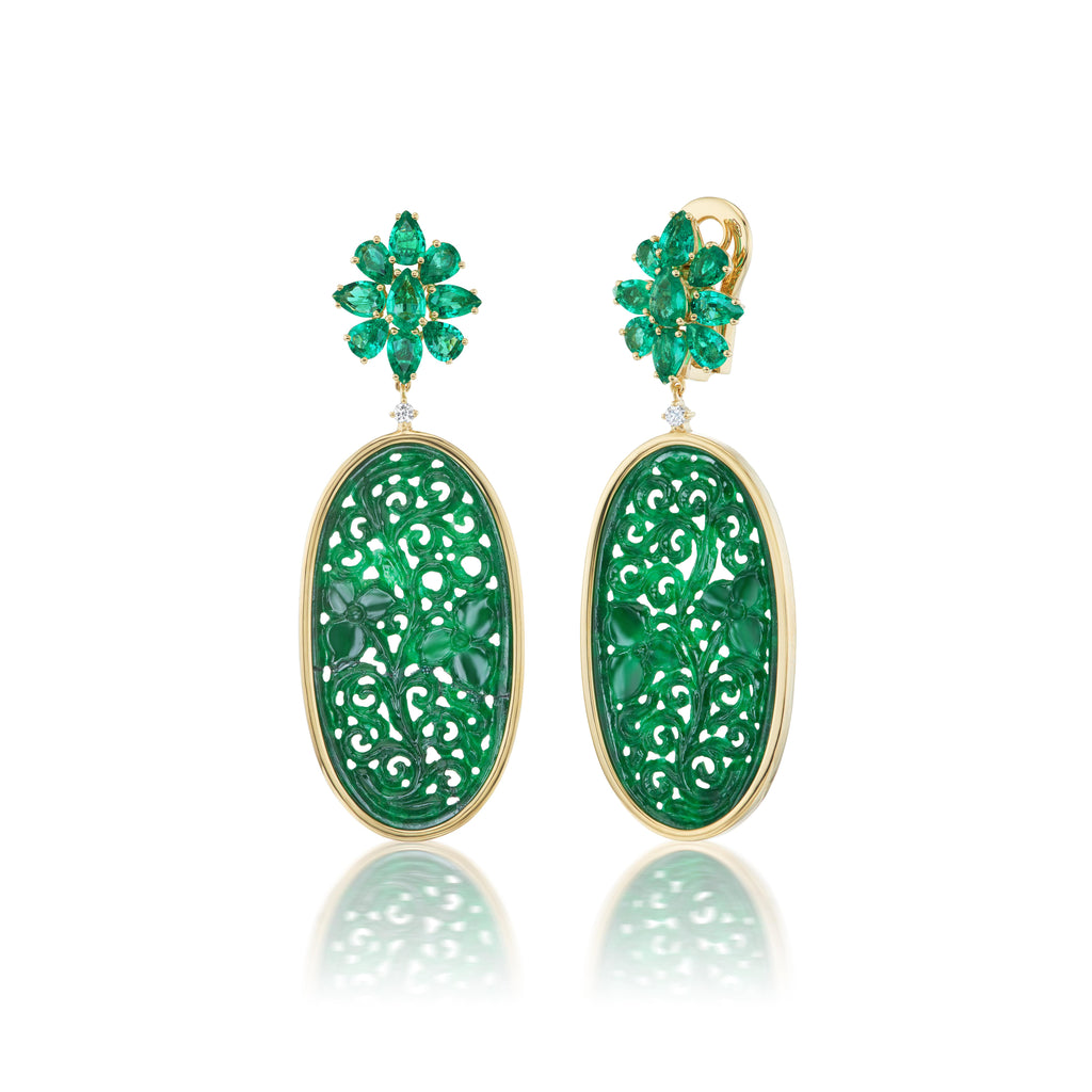 Muzo Emerald and Diamond Cluster Earrings with Carved Jade Drops