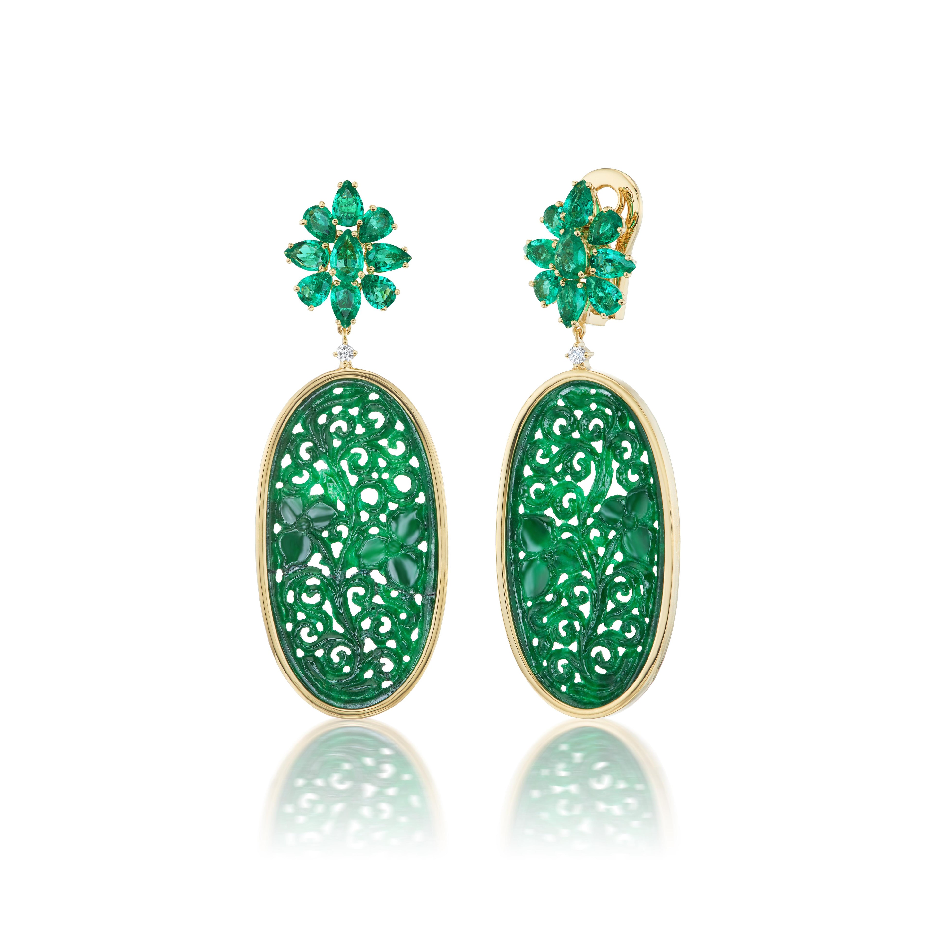 Muzo Emerald and Diamond Cluster Earrings with Carved Jade Drops