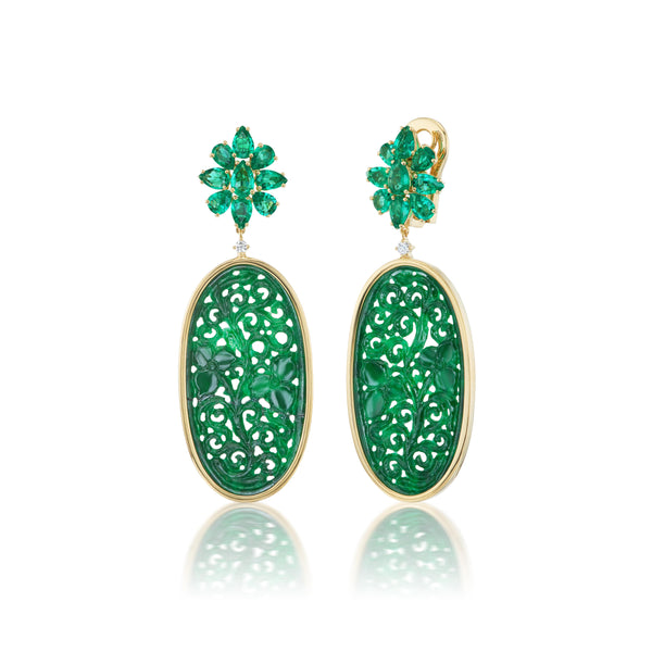 Muzo Emerald and Diamond Cluster Earrings with Carved Jade Drops