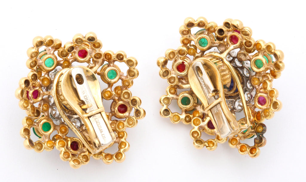 David Webb 18k Gold Ruby Emerald Sapphire Diamond Earclips, 1970s