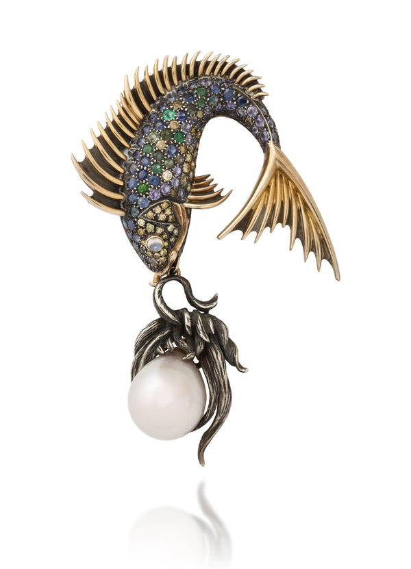 Marilyn Cooperman "Fish Lunching On A Pearl" Brooch