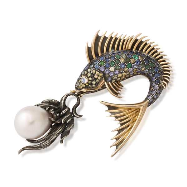 Marilyn Cooperman "Fish Lunching On A Pearl" Brooch