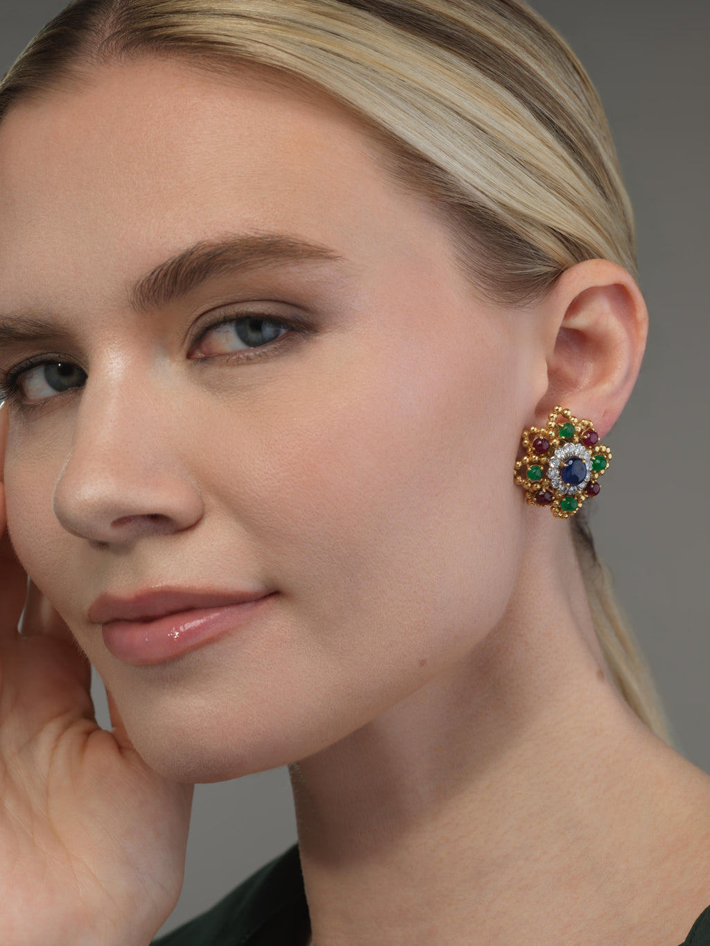 David Webb 18k Gold Ruby Emerald Sapphire Diamond Earclips, 1970s