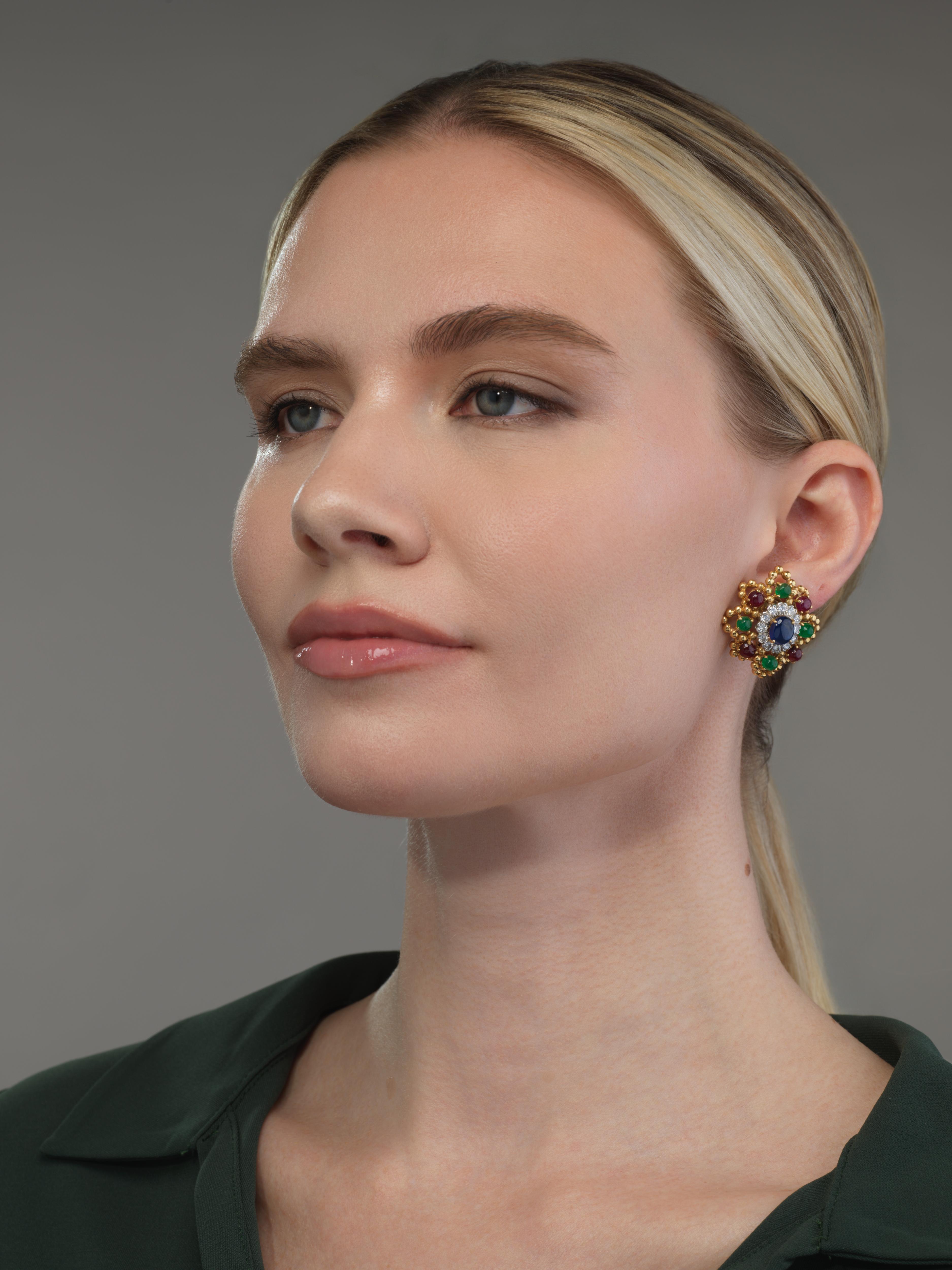 David Webb 18k Gold Ruby Emerald Sapphire Diamond Earclips, 1970s