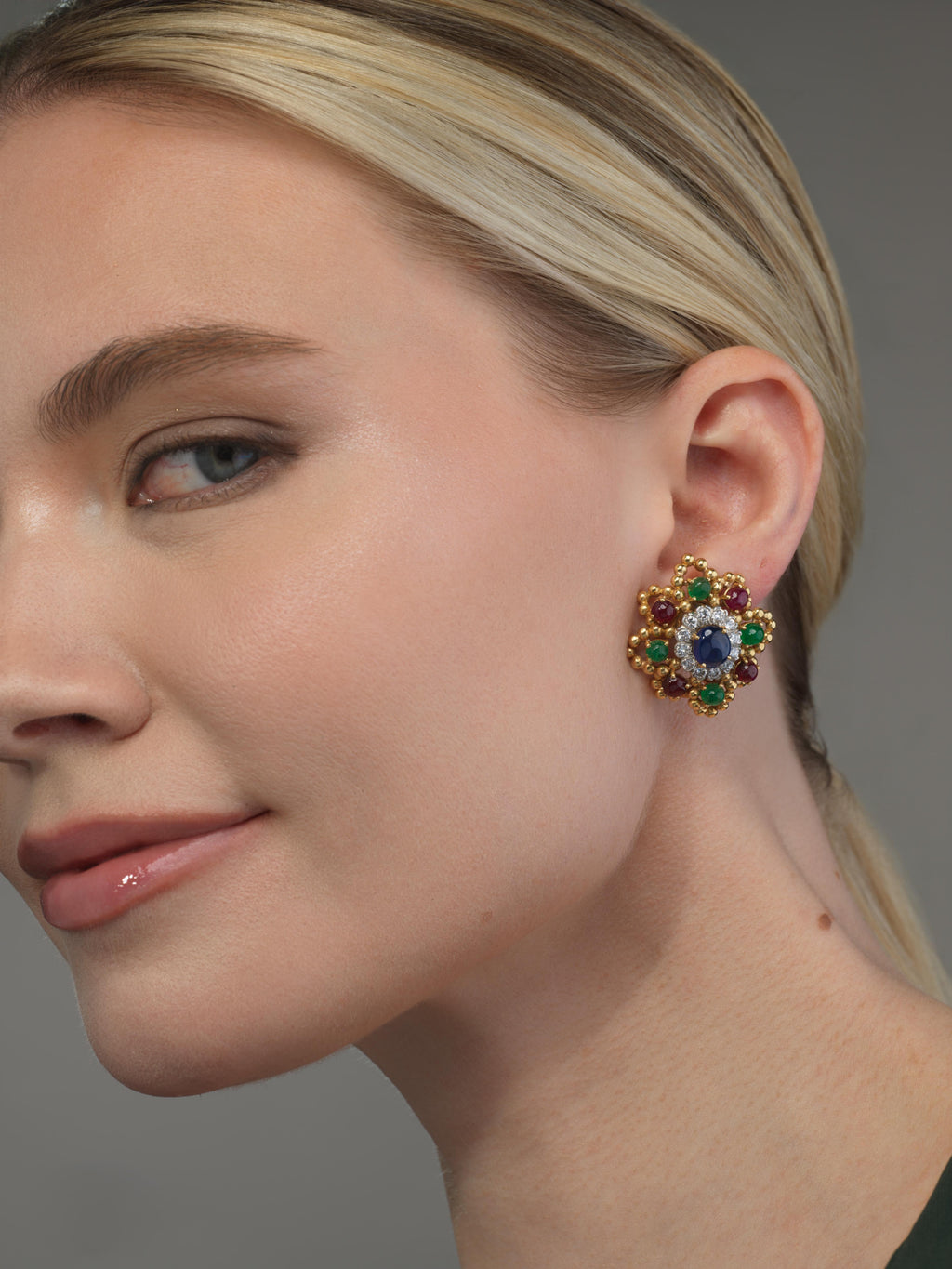 David Webb 18k Gold Ruby Emerald Sapphire Diamond Earclips, 1970s