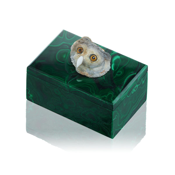 Natural Malachite and Desert Rose Gemstone Owl Box