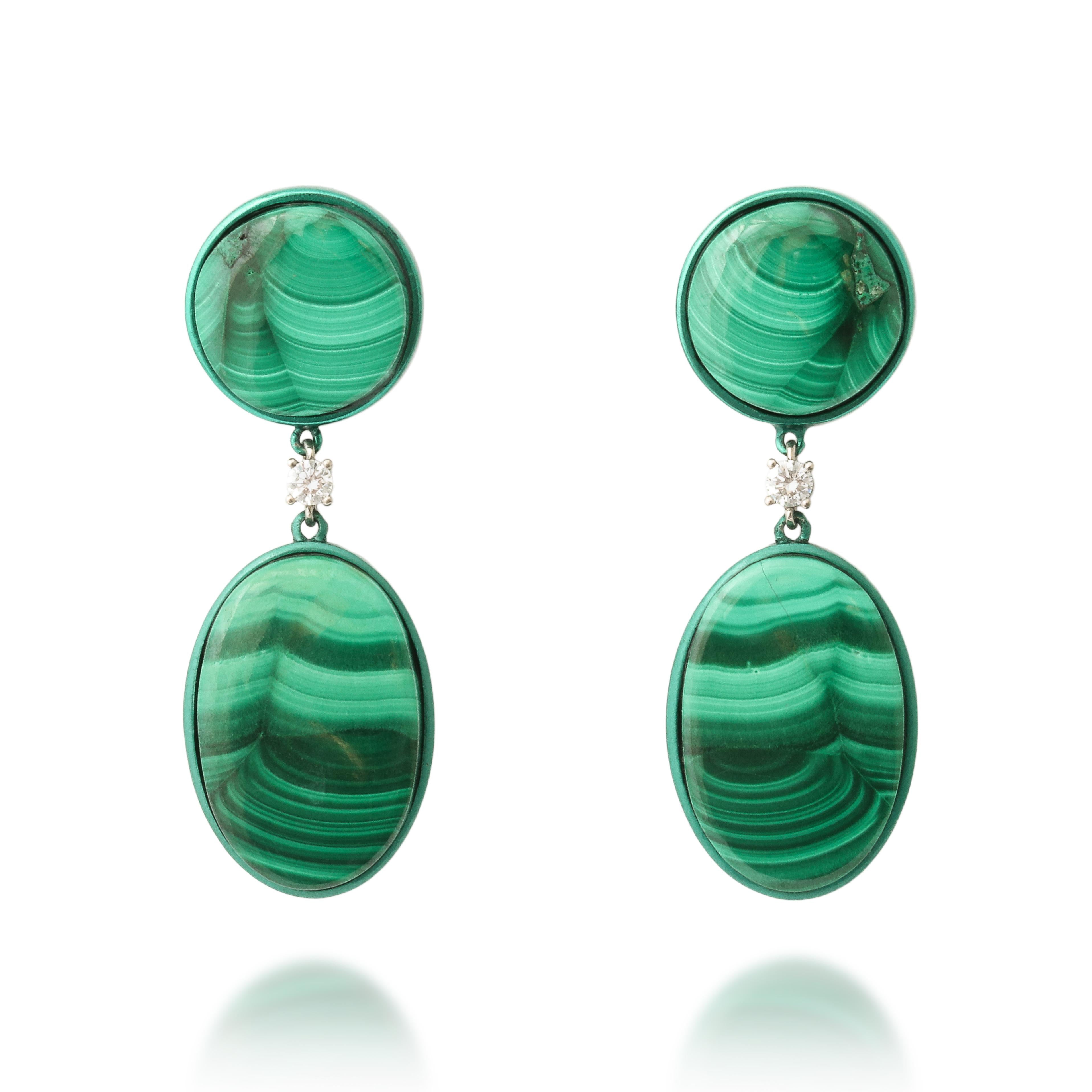 Titanium, Malachite and Diamond Drop Earrings Number Three