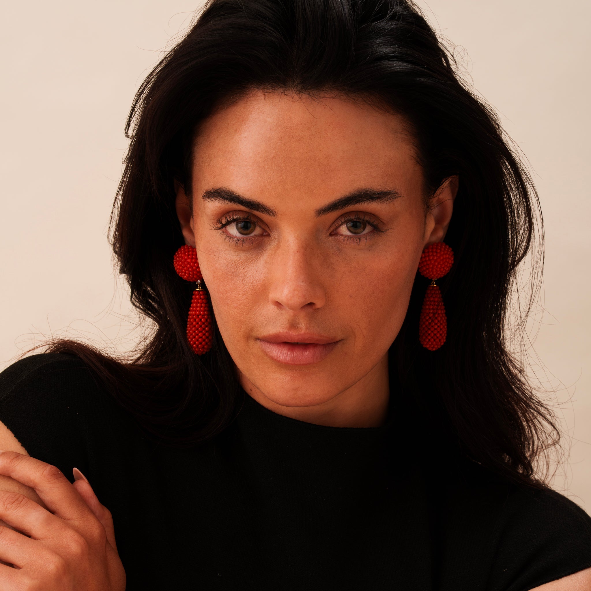 Beaded Coral and Diamond Drop Earrings