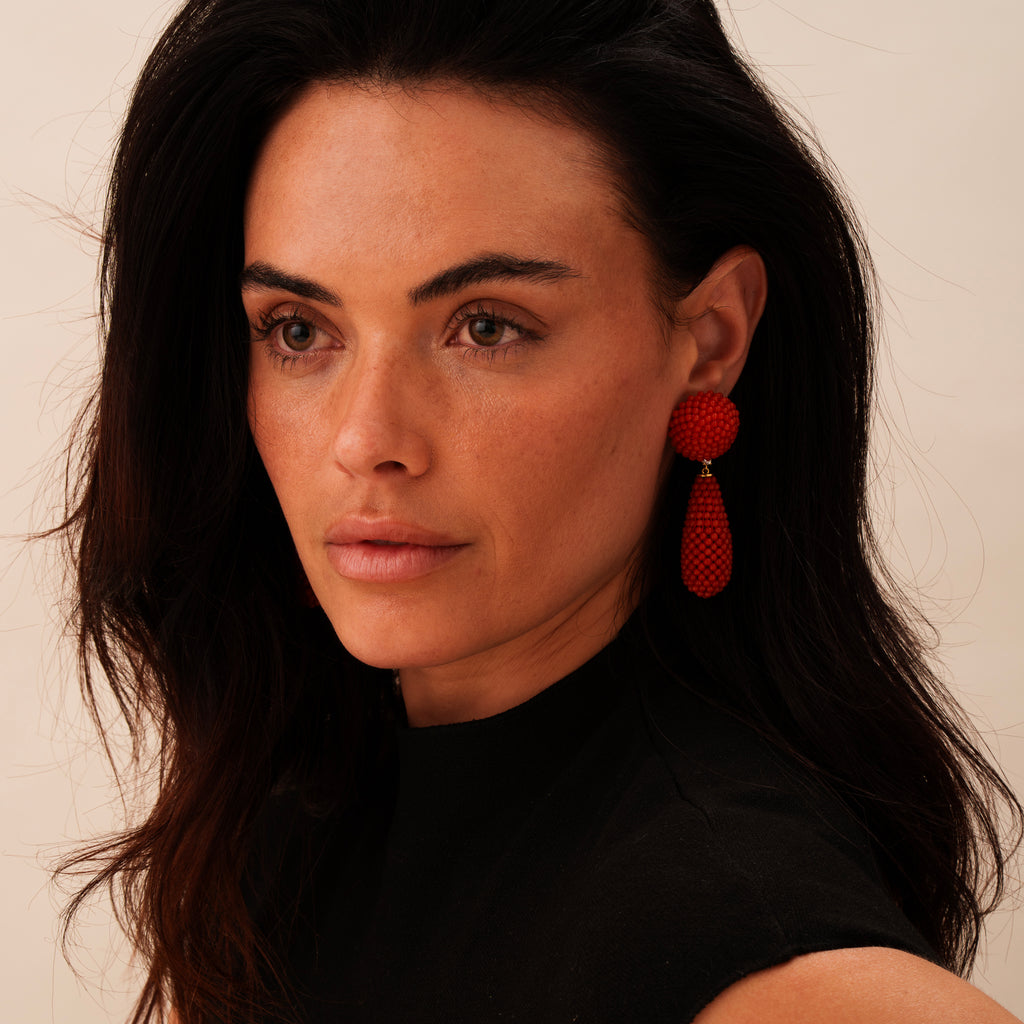 Beaded Coral and Diamond Drop Earrings