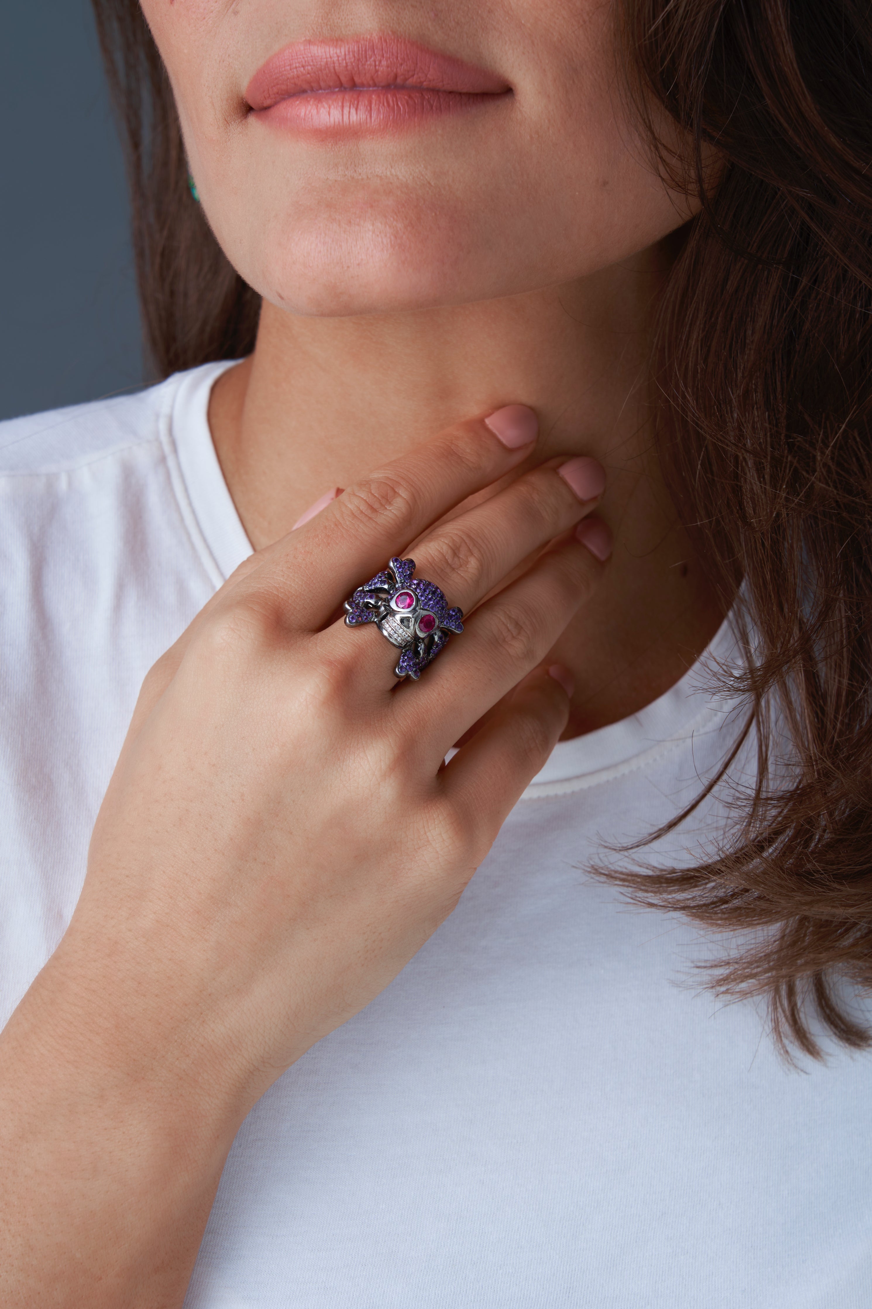 Amethyst Ruby and Diamond Skull Ring