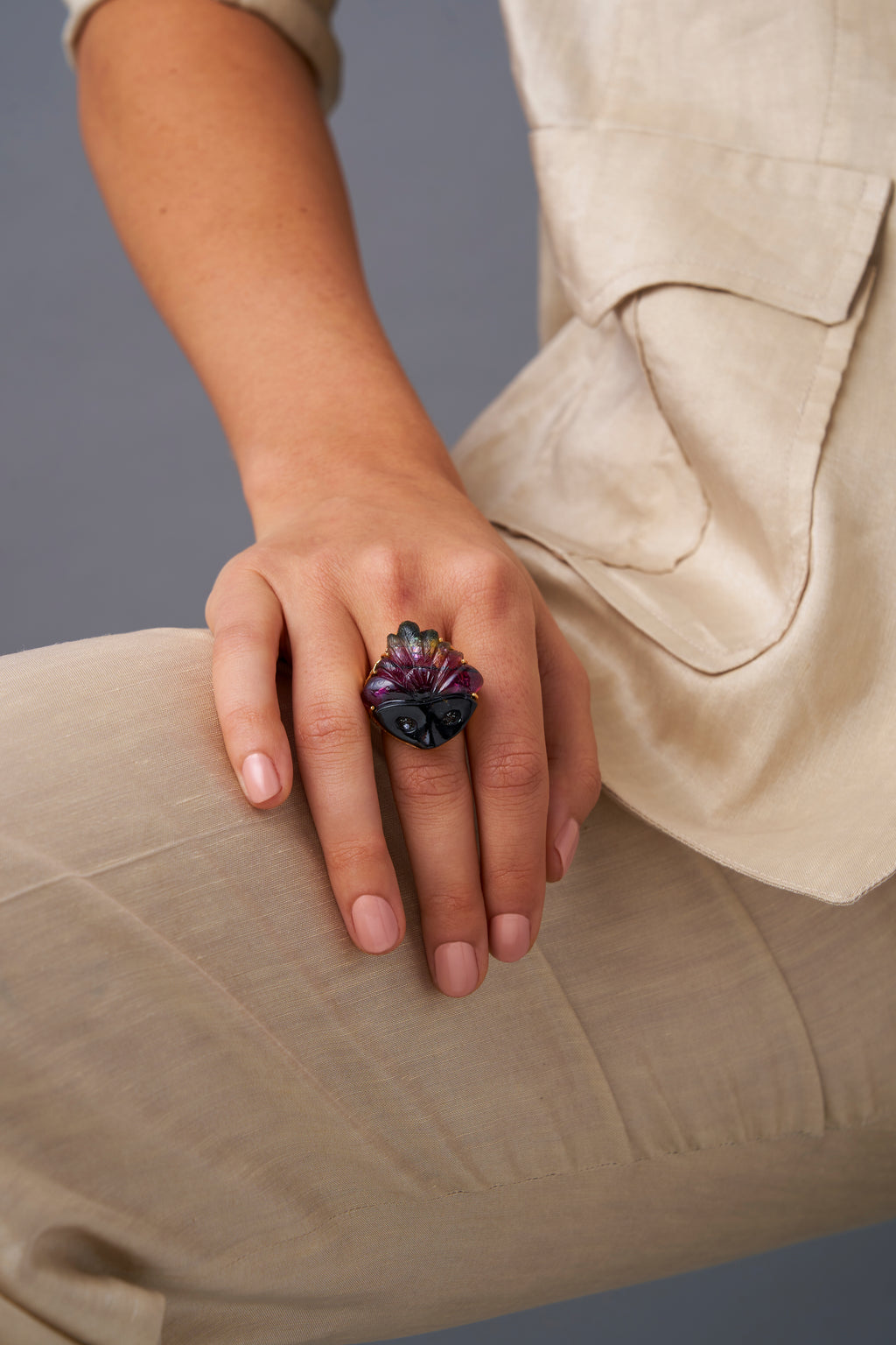 Watermelon Tourmaline & Diamond Mask Ring