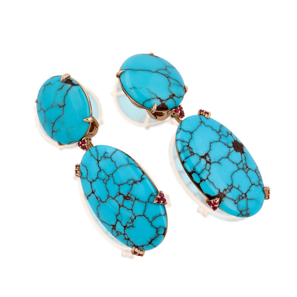 Round Turquoise and Ruby Earrings