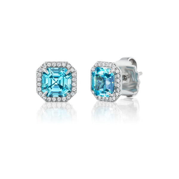 Asscher Cut Blue Zircon and Diamond Halo Earrings