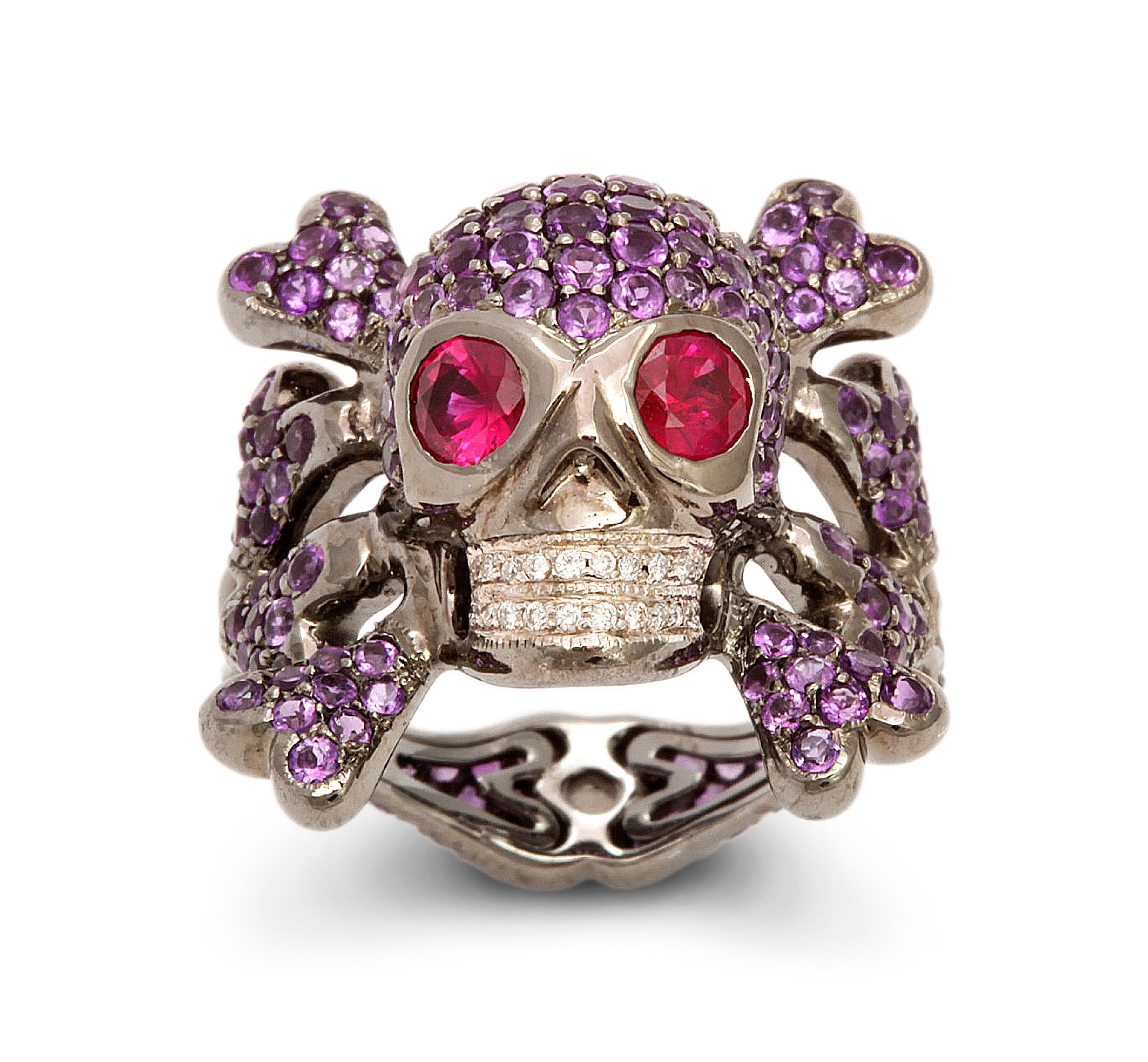 Amethyst Ruby and Diamond Skull Ring