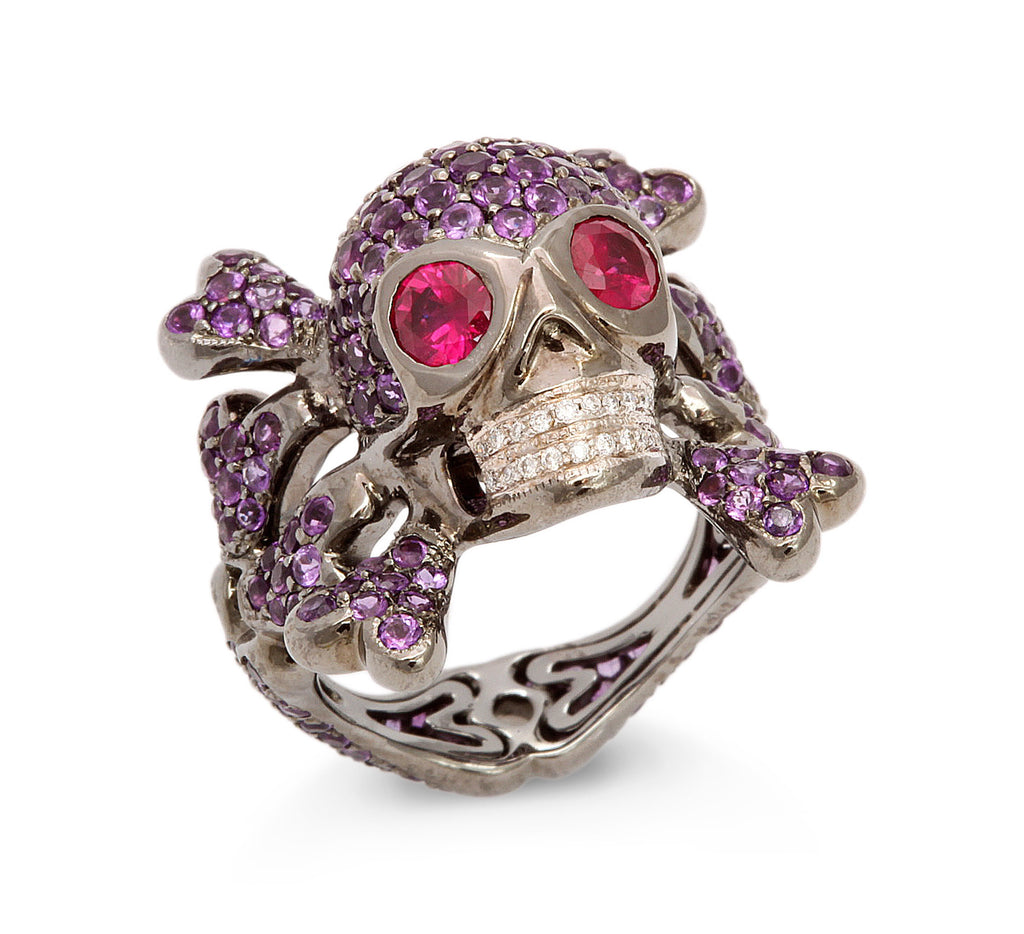 Amethyst Ruby and Diamond Skull Ring