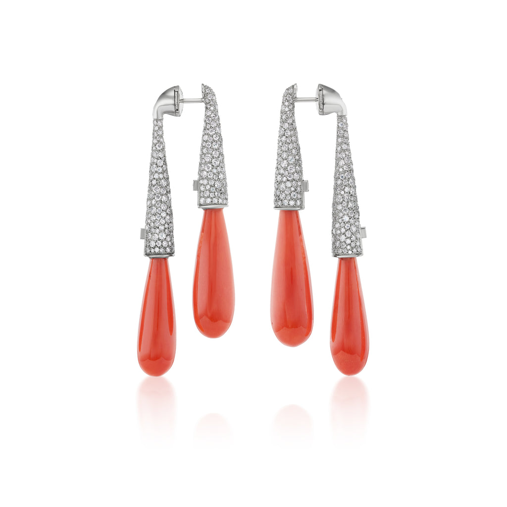 Titanium, Coral and Diamond Double Drop Earrings